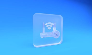 Mavi arka planda izole edilmiş tornavida ve anahtar ikonlu buzlu cam router wi-fi. Ayarlama, servis, ayar, bakım, onarım, onarım. Kare buzlu cam düğme. 3 Boyutlu resimleme.
