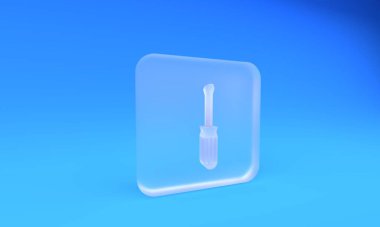 Buzlu cam tornavida ikonu mavi arka planda izole edildi. Servis aracı sembolü. Kare buzlu cam düğme. 3 Boyutlu resimleme.