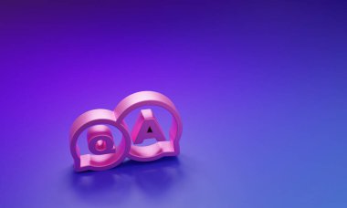 Mor-mavi arka planda izole edilmiş Soru ve Yanıt simgesiyle pembe konuşma balonları. Q ve A sembolü. SSS işareti. Konuşma balonu ve çizelgesi. Minimalizm kavramı. 3 Boyutlu resimleme.