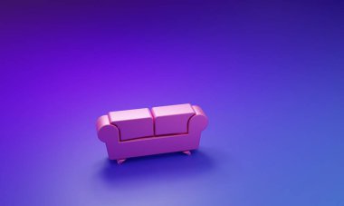 Mor-mavi arkaplanda izole edilmiş pembe kanepe simgesi. Minimalizm kavramı. 3 Boyutlu resimleme.