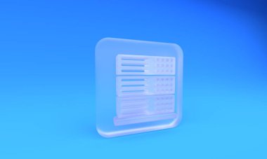 Buzlu cam sunucu, Data, Web sunucu simgesi mavi arkaplanda izole edildi. Kare buzlu cam düğme. 3 Boyutlu resimleme.