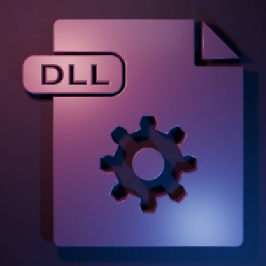 Mor DLL dosya belgesi. Mor-mavi arkaplanda izole edilmiş dll düğmesi simgesi indir. DLL dosya işareti. Minimalizm kavramı. 3 Boyutlu resimleme.