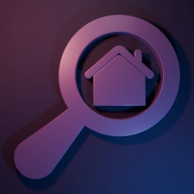 Mor arama evi simgesi mor-mavi arkaplanda izole edildi. Büyüteç altındaki bir evin emlak sembolü. Minimalizm kavramı. 3 Boyutlu resimleme.