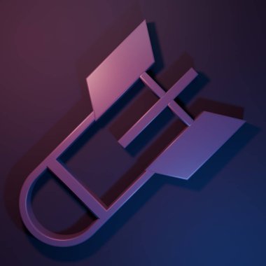 Mor-mavi arka planda Mor Havacılık bomba ikonu izole edildi. Roket bombası düşüyor. Minimalizm kavramı. 3 Boyutlu resimleme.