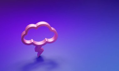 Mor-mavi arkaplanda izole edilmiş pembe fırtına simgesi. Bulut ve şimşek işareti. Fırtınanın hava durumu ikonu. Minimalizm kavramı. 3 Boyutlu resimleme.