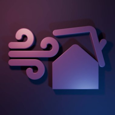 Mor Kasırga girdabı, mor-mavi arka planda izole edilmiş çatı ikonuna zarar veriyor. Kasırga, kasırga, fırtına bacası, kasırga rüzgar ikonu. Minimalizm kavramı. 3 Boyutlu resimleme.