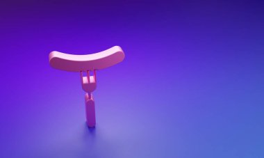 Çatal simgesinin üzerindeki pembe sosis mor-mavi arkaplanda izole edilmiş. Izgara sosis ve aroma işareti. Minimalizm kavramı. 3 Boyutlu resimleme.