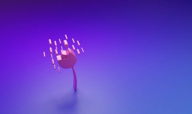 Pembe Çiçek, mor-mavi arka planda izole edilmiş atmosfer simgesinde polen üretiyor. Minimalizm kavramı. 3 Boyutlu resimleme.