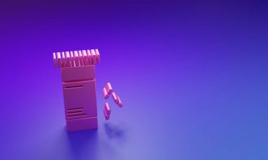 Pembe ilaç şişesi ve mor-mavi arka planda izole edilmiş hap ikonu. Şişe hapı işareti. Eczane tasarımı. Minimalizm kavramı. 3 Boyutlu resimleme.
