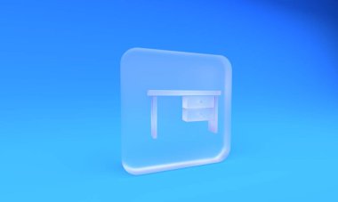 Buzlu cam ofis masası simgesi mavi arkaplanda izole edilmiş. Kare buzlu cam düğme. 3 Boyutlu resimleme.