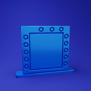 Mavi arkaplanda ışık simgesi olan mavi makyaj aynası. Minimalizm kavramı. 3 Boyutlu resimleme.