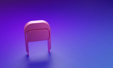 Mor-mavi arka planda izole edilmiş, kulaklık ikonlu pembe kış şapkası. Minimalizm kavramı. 3 Boyutlu resimleme.