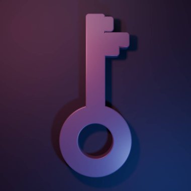 Mor-mavi arkaplanda izole edilmiş Mor Eski anahtar simgesi. Minimalizm kavramı. 3 Boyutlu resimleme.