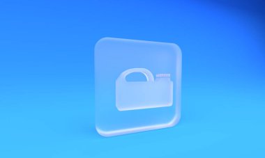 Mavi arka planda izole edilmiş motor makine yağı ikonu için buzlu cam plastik kutu. Benzin bidonu. Yağ değiştirme ve onarım servisi. Kare buzlu cam düğme. 3 Boyutlu resimleme.