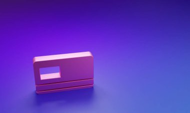 Mor-mavi arkaplanda pembe kredi kartı simgesi izole edildi. Çevrimiçi ödeme. Nakit çekilmesi. Finansal operasyonlar. Alışveriş tabelası. Minimalizm kavramı. 3 Boyutlu resimleme.