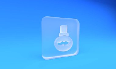 Buzlu cam sakal ve bıyıklı yağ şişesi ikonu mavi arka planda izole edilmiş. Pipetli cam şişe. Kare buzlu cam düğme. 3 Boyutlu resimleme.