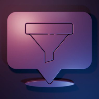 Purple Location ve mor-mavi arka planda izole edilmiş huni ikonu. Bilgi şablonu. Minimalizm kavramı. 3 Boyutlu resimleme.