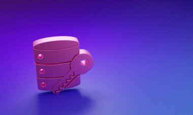 Mor-mavi arkaplanda anahtar simgesi olan Pembe Sunucu güvenliği. Güvenlik, güvenlik, koruma kavramı. Minimalizm kavramı. 3 Boyutlu resimleme.