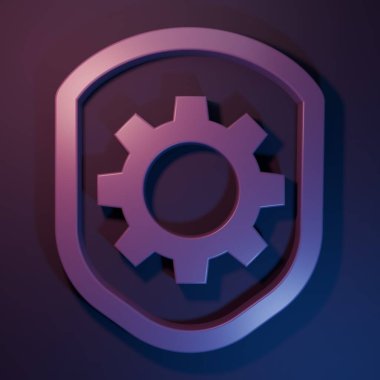 Mor-mavi arka planda izole edilmiş ayarlar dişli ikonu ile Mor Kalkan. Ayarlama, servis, bakım, onarım, onarım. Minimalizm kavramı. 3 Boyutlu resimleme.