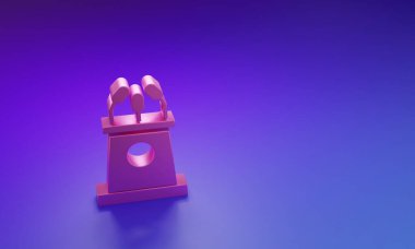 Pembe Sahne standı ya da münazara kürsüsü kürsüsü ikonu mor-mavi arka planda izole edilmiş. Konferans konuşma tribünü. Minimalizm kavramı. 3 Boyutlu resimleme.
