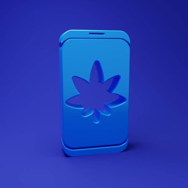 Mavi cep telefonu ve tıbbi marihuana veya kenevir yaprağı ikonu mavi arka planda izole edilmiş. İnternetten satın alma sembolü. Süpermarket sepeti. Minimalizm kavramı. 3 Boyutlu resimleme.