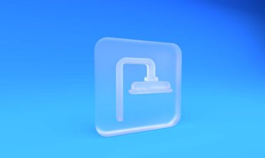 Buzlu cam duş başlığı mavi arkaplanda su damlaları akan ikon izole edilmiş. Kare buzlu cam düğme. 3 Boyutlu resimleme.