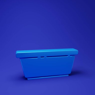 Mavi arka planda mavi plastik leğen simgesi izole edildi. Sulu kase. Çamaşır yıkama, temizlik malzemeleri. Minimalizm kavramı. 3 Boyutlu resimleme.