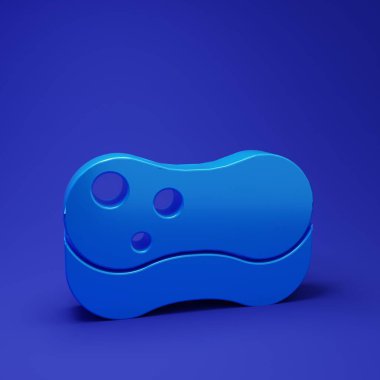 Mavi Sünger simgesi mavi arkaplanda izole edildi. Bulaşık yıkamak için bir tutam Bast. Temizlik hizmeti konsepti. Minimalizm kavramı. 3 Boyutlu resimleme.