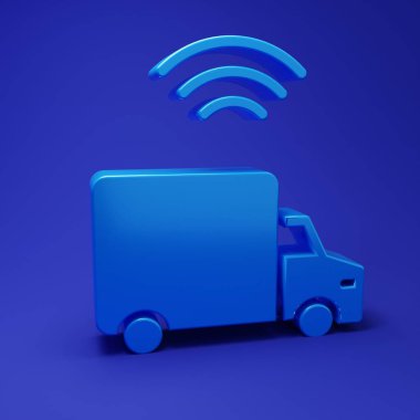 Mavi arka planda kablosuz bağlantı ikonu olan Mavi Akıllı kargo aracı. Minimalizm kavramı. 3 Boyutlu resimleme.