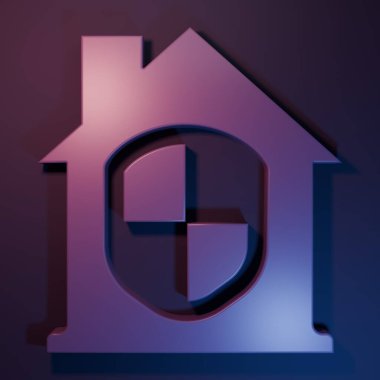 Mor Ev, mor-mavi arka planda izole edilmiş koruma ikonu altında. Ev ve kalkan. Koruma, güvenlik, güvenlik, koruma, savunma konsepti. Minimalizm kavramı. 3 Boyutlu resimleme.