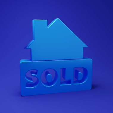 Mavi asma işareti mavi arkaplanda izole edilmiş metin simgesi satıldı. Çıkartma satıldı. Tabela satıldı. Minimalizm kavramı. 3 Boyutlu resimleme.