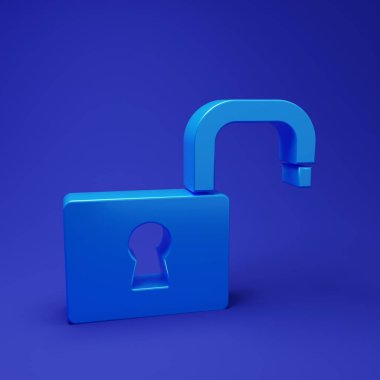 Mavi Açık asma kilit simgesi mavi arkaplanda izole edildi. Kilit açık işareti. Siber güvenlik kavramı. Dijital veri koruması. Minimalizm kavramı. 3 Boyutlu resimleme.