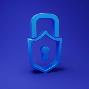 Mavi Kilit simgesi mavi arkaplanda izole edildi. Asma kilit işareti. Güvenlik, güvenlik, koruma, gizlilik kavramı. Minimalizm kavramı. 3 Boyutlu resimleme.