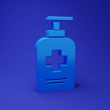 Mavi arka planda izole edilmiş şeker ikonu olan mavi bir şişe antibakteriyel sabun. Antiseptik. Dezenfeksiyon, hijyen, cilt bakımı. Minimalizm kavramı. 3 Boyutlu resimleme.