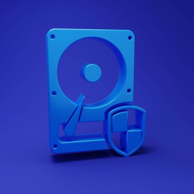 Mavi Disk Sürücüsü HDD koruma simgesi mavi arkaplanda izole edildi. Minimalizm kavramı. 3 Boyutlu resimleme.
