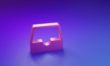 Mor-mavi arka planda izole edilmiş pembe sosyal medya gelen kutusu simgesi. Sosyal ağ elemanı, sembol. Minimalizm kavramı. 3 Boyutlu resimleme.