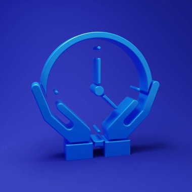 Mavi Saat simgesi mavi arkaplanda izole edildi. Zaman sembolü. Minimalizm kavramı. 3 Boyutlu resimleme.