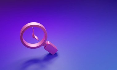 Mor-mavi arka planda izole edilmiş saat simgesi olan pembe büyüteç. Minimalizm kavramı. 3 Boyutlu resimleme.