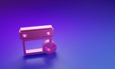 Mor-mavi arkaplanda işaretleme simgesine sahip pembe takvim. Minimalizm kavramı. 3 Boyutlu resimleme.