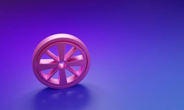 Mor-mavi arka planda izole edilmiş bir araba simgesi için pembe Alaşımlı tekerlek. Minimalizm kavramı. 3 Boyutlu resimleme.