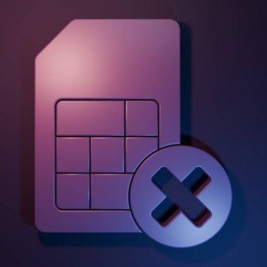 Mor Sim kartı reddedildi. Mor-mavi arkaplanda izole edilmiş bir simge. Cep telefonu sim kart çipi. Mobil telekomünikasyon teknolojisi sembolü. Minimalizm kavramı. 3 Boyutlu resimleme.