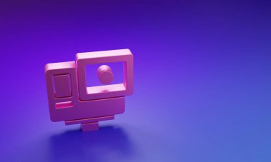 Pembe Eylem ekstrem kamera simgesi mor-mavi arkaplanda izole edildi. Ekstrem sporları çekmek için video kamera ekipmanı. Minimalizm kavramı. 3 Boyutlu resimleme.
