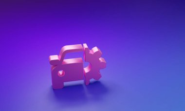 Mor-mavi arka planda pembe araba servis simgesi izole edildi. Otomobil tamircisi. Tamirci servisi. Tamirci oto tamircisi. Bakım tabelası. Minimalizm kavramı. 3 Boyutlu resimleme.