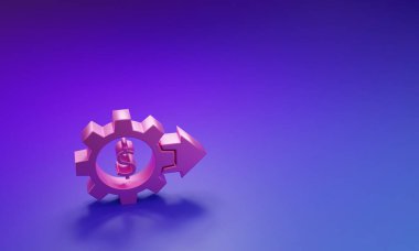 Mor-mavi arka planda dolar sembolü olan pembe dişli. İş ve finans kavramsal ikonu. Minimalizm kavramı. 3 Boyutlu resimleme.