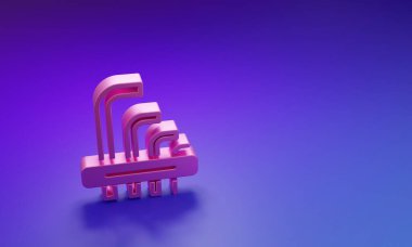 Mor-mavi arkaplanda izole edilmiş pembe araç allen tuşları simgesi. Minimalizm kavramı. 3 Boyutlu resimleme.