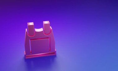 Mor-mavi arka planda izole edilmiş kurşun ikonundan korunmak için pembe kurşun geçirmez yelek. Vücut zırhı işareti. Askeri kıyafetler. Minimalizm kavramı. 3 Boyutlu resimleme.