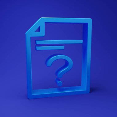 Mavi arkaplanda mavi bilinmeyen belge simgesi izole edildi. Soru işareti olan dosya. Raporu, servisi ve küresel arama işaretini beklet. Minimalizm kavramı. 3 Boyutlu resimleme.
