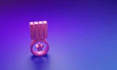 Mor-mavi arkaplanda izole edilmiş pembe madalya ikonu. Kazanan başarı işareti. Ödül madalyası. Minimalizm kavramı. 3 Boyutlu resimleme.