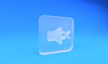 Buzlu cam hoparlör dilsiz simgesi mavi arkaplanda izole edildi. Ses simgesi yok. Ses Kapalı sembolü. Kare buzlu cam düğme. 3 Boyutlu resimleme.