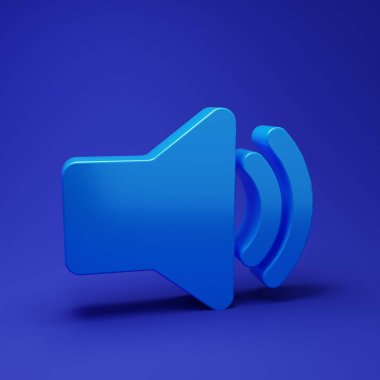 Mavi Hoparlör sesi - ses sembolü, mavi arkaplanda izole edilmiş medya müzik simgesi. Minimalizm kavramı. 3 Boyutlu resimleme.
